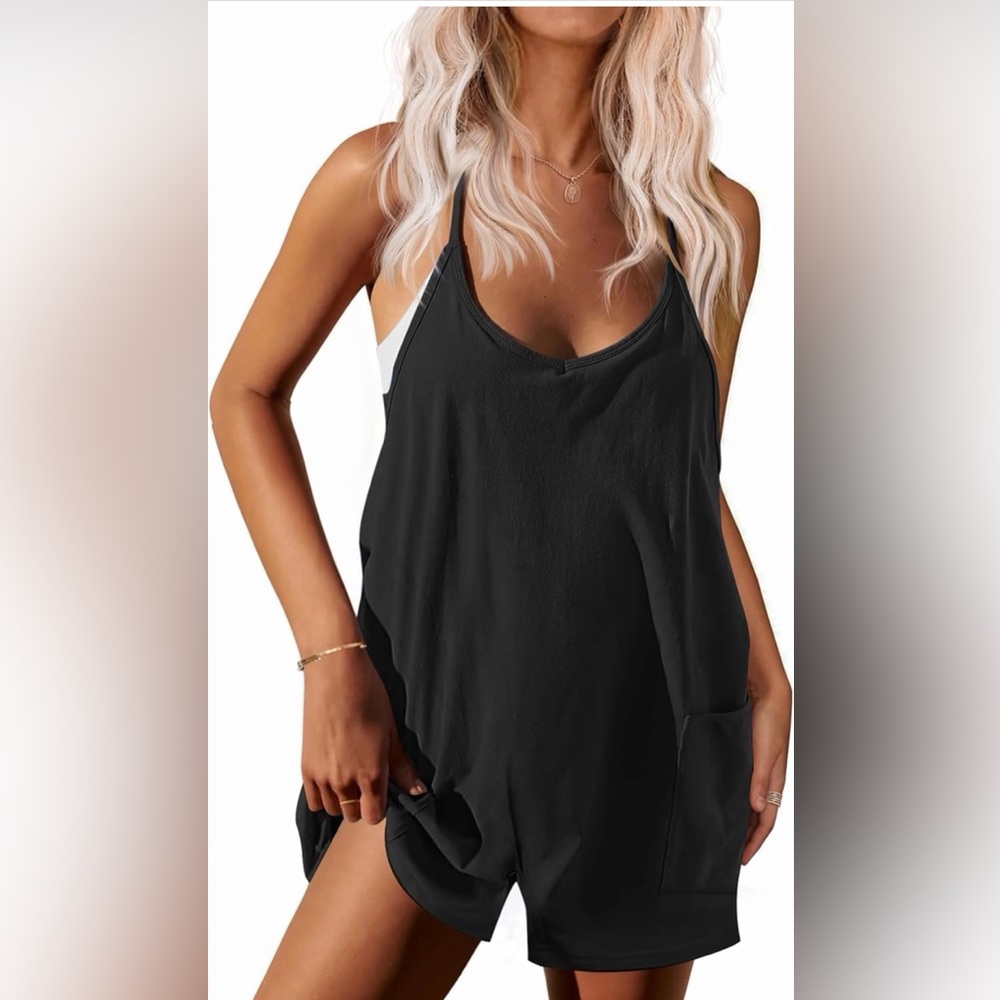 Black V-Neck Sleeveless Tank Romper with Pockets
